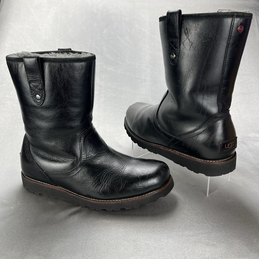 UGG Mens 11 Stoneman TL Waterproof Black Leather Shearling Pull On Boots 1008143